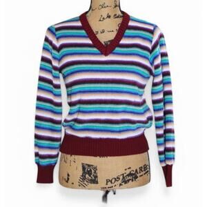 Vintage 60s 70s Helen Sue Striped Velour Knit Long Sleeve Sweater Women's S